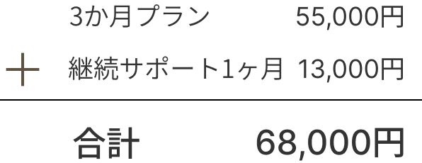 3か月プラン55,000円＋継続サポート13,000円＝合計68,000円